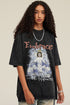 Front-facing close-up of model wearing black angel graphic tee, showing detailed print and jewelry.