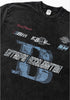 Flat lay of black graphic tee showing chest print details.