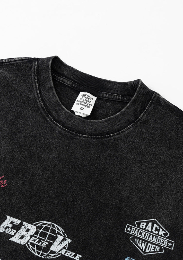 Close-up of T-shirt collar and label reading 'New Wave Street Culture'.