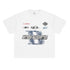 White oversized tee featuring bold racing-inspired graphics.