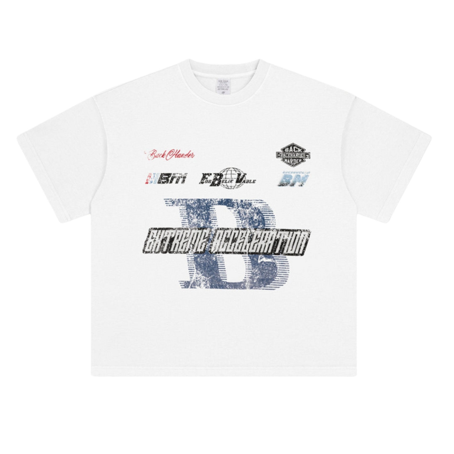 White oversized tee featuring bold racing-inspired graphics.