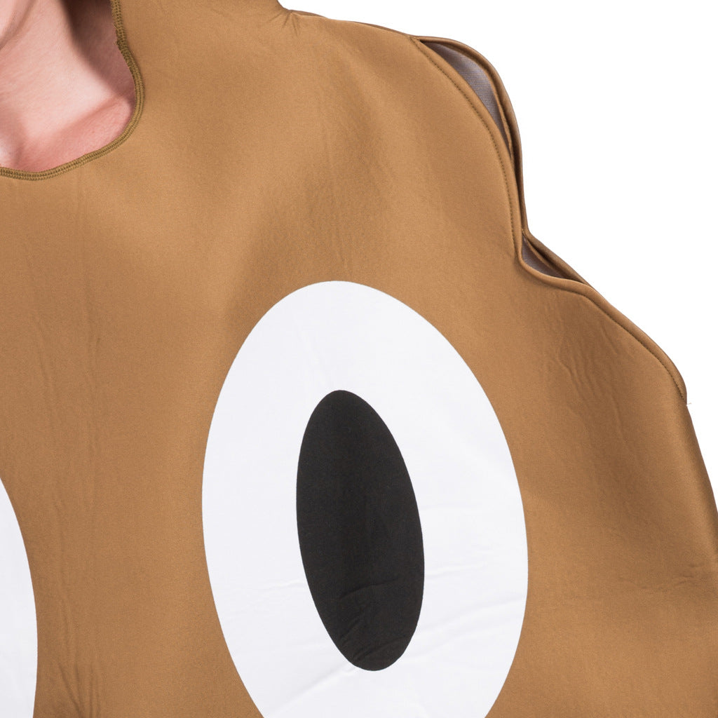 Side view of poop emoji costume showing eye and brown fabric detail