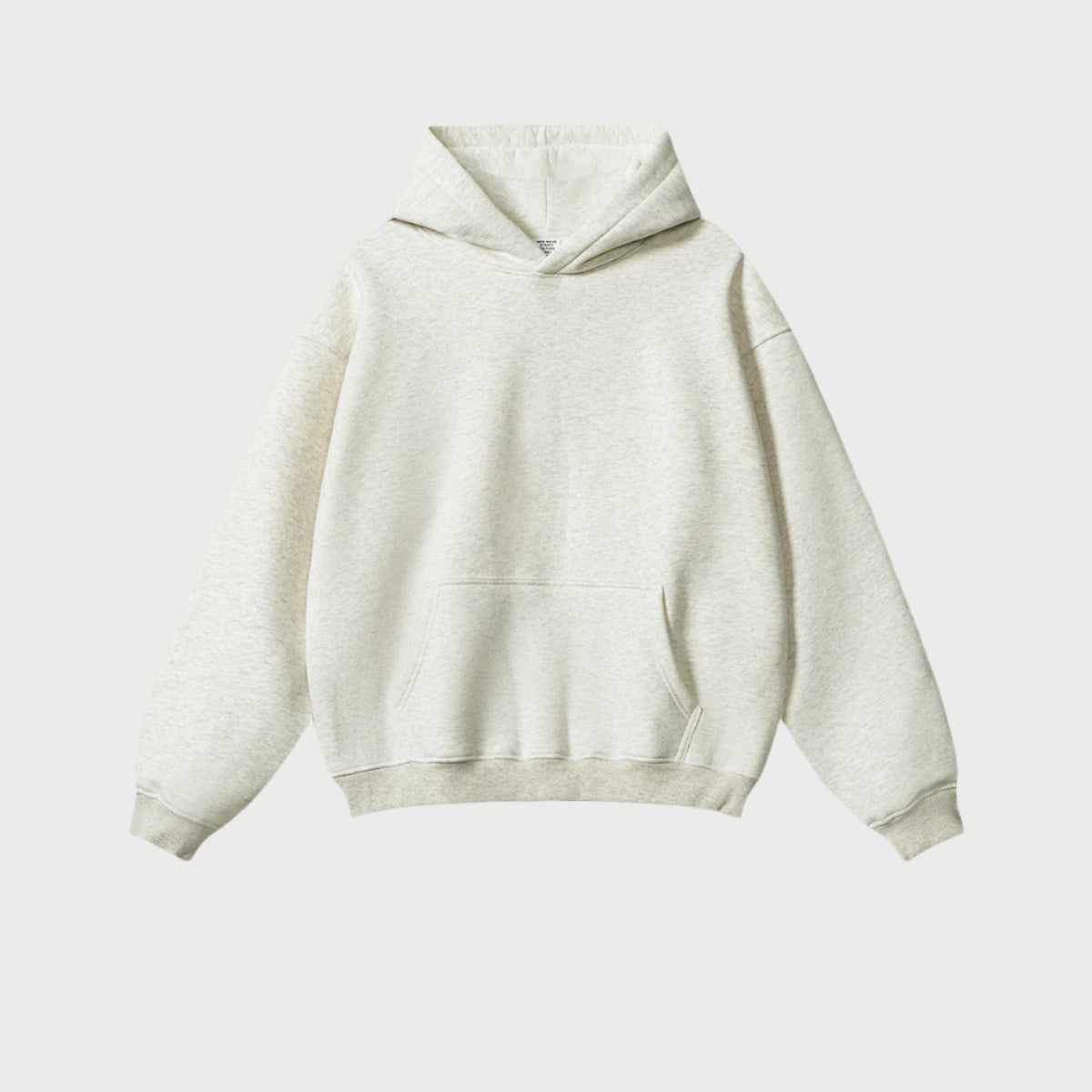 Off-white oversized hoodie with kangaroo pocket on neutral background