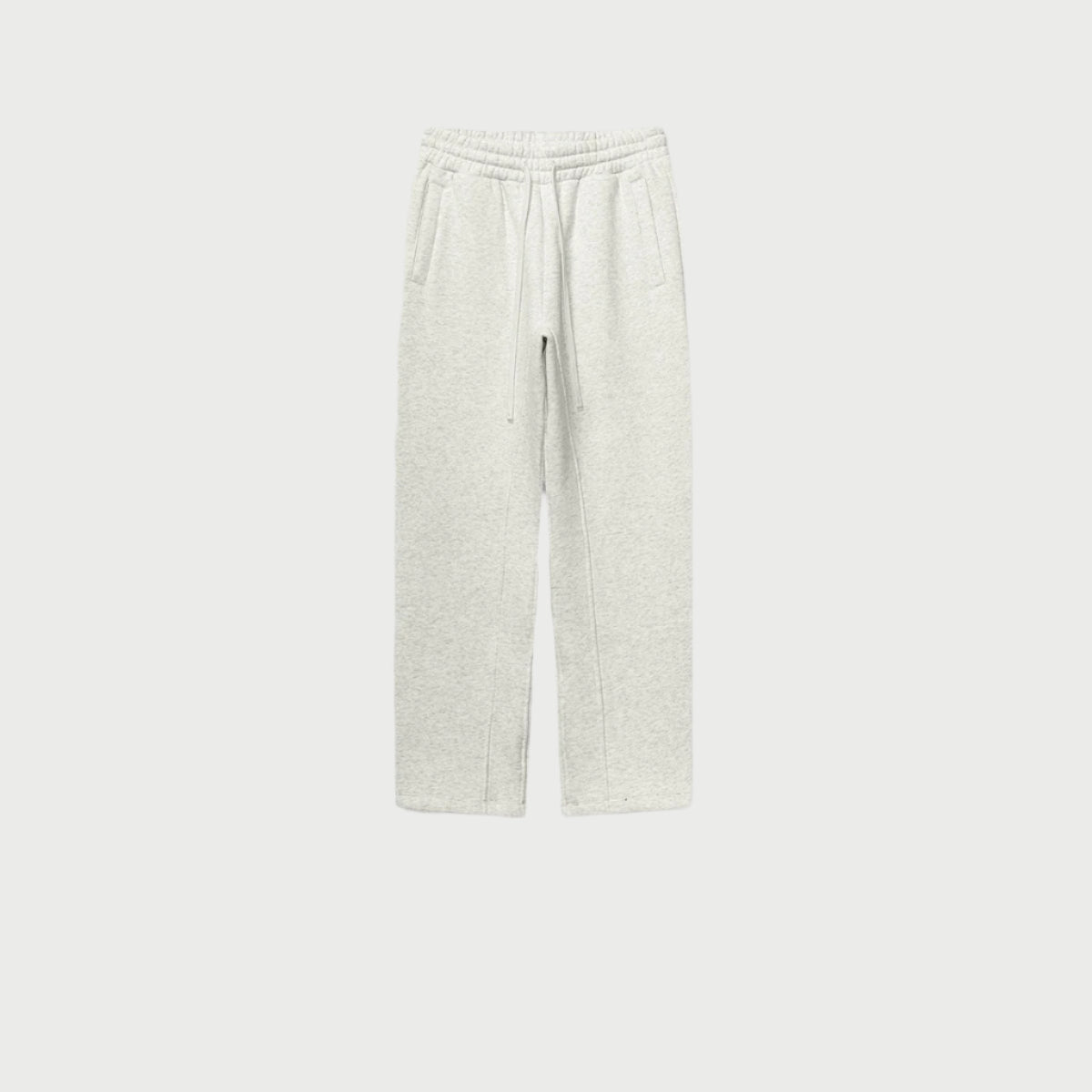 Pure white sweatpants with elastic waistband, drawstring and side pockets displayed on light gray background.