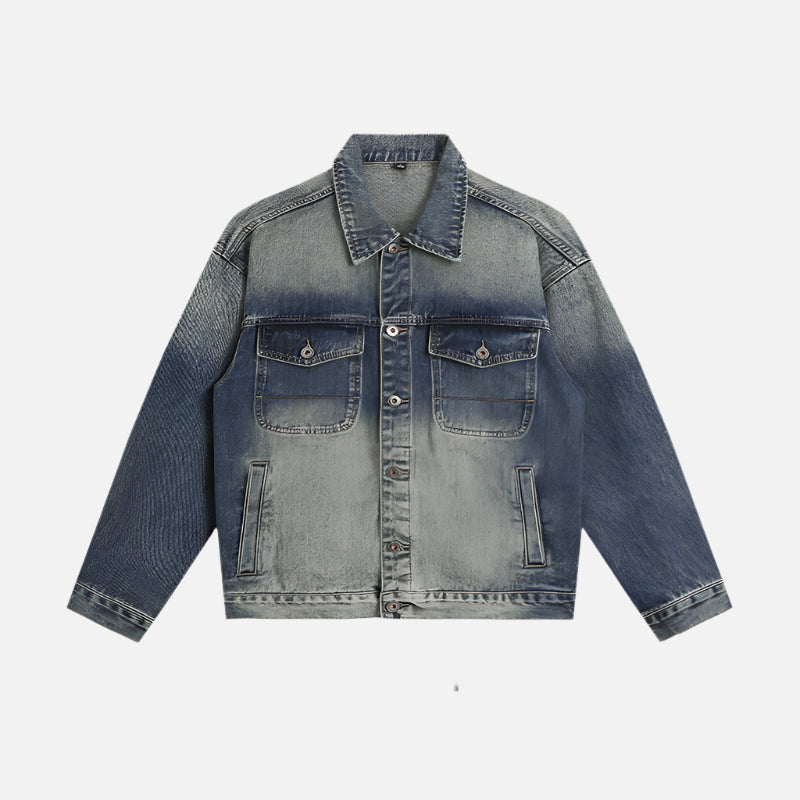 Gradient-wash denim trucker jacket displayed flat against white background showing dual chest pockets, button front and classic collar