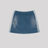 Navy blue mini skirt with elastic waistband and white side stripes displayed flat against light gray background