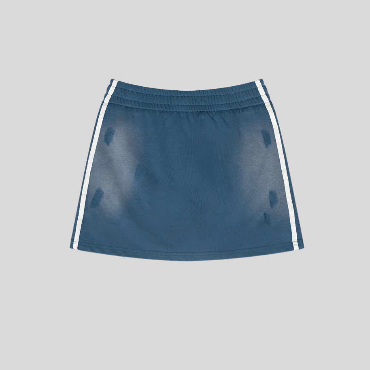Navy blue mini skirt with elastic waistband and white side stripes displayed flat against light gray background