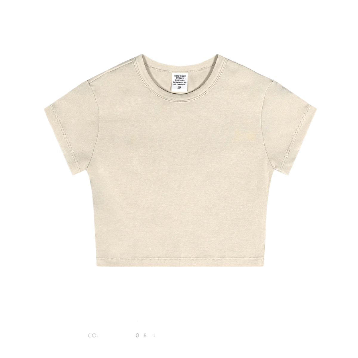 Beige cropped T-shirt laid flat, showcasing its plain back design and ribbed neckline