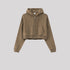 Olive green cropped zip hoodie on gray background. Features drawstring hood and front pocket
