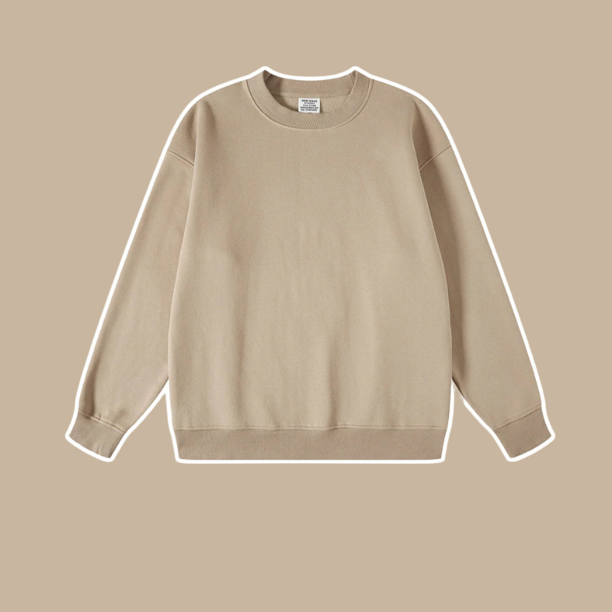 Beige crewneck sweatshirt with ribbed collar, cuffs and hem displayed against matching beige background