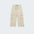 Cream-colored cargo pants product photo showing full-length view with cargo pockets and drawstring details