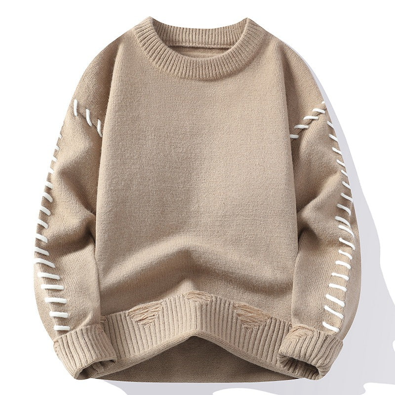 Beige crewneck sweater with white laced sleeve detail