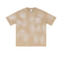 Beige t-shirt with chest pocket and subtle distressed details on white background
