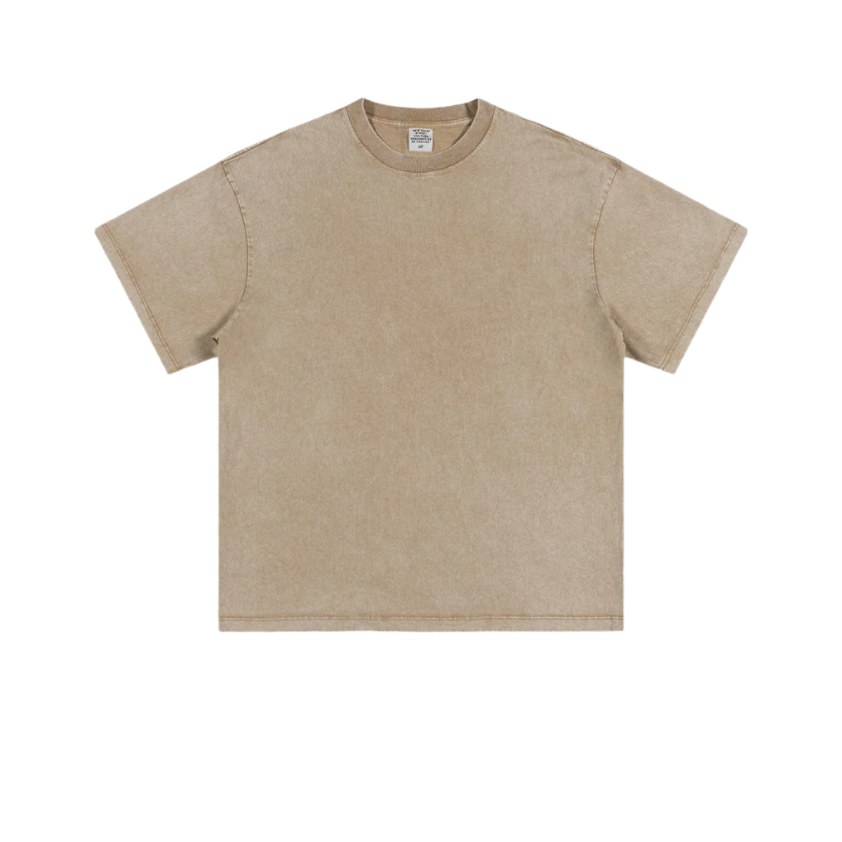 Product shot of beige acid-washed oversized t-shirt with crew neck and short sleeves on plain background