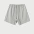 Light heather gray drawstring shorts displayed flat against light gray background with elastic waistband