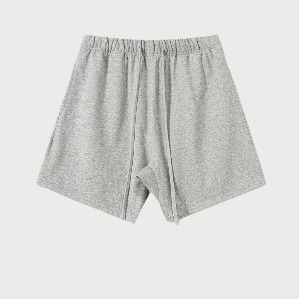 Light heather gray drawstring shorts displayed flat against light gray background with elastic waistband