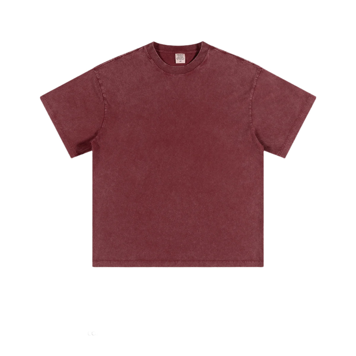 Product shot of burgundy acid-washed oversized t-shirt with crew neck and short sleeves on plain background