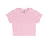 Flat-lay of a plain pastel pink cropped tee with short sleeves and a round neckline
