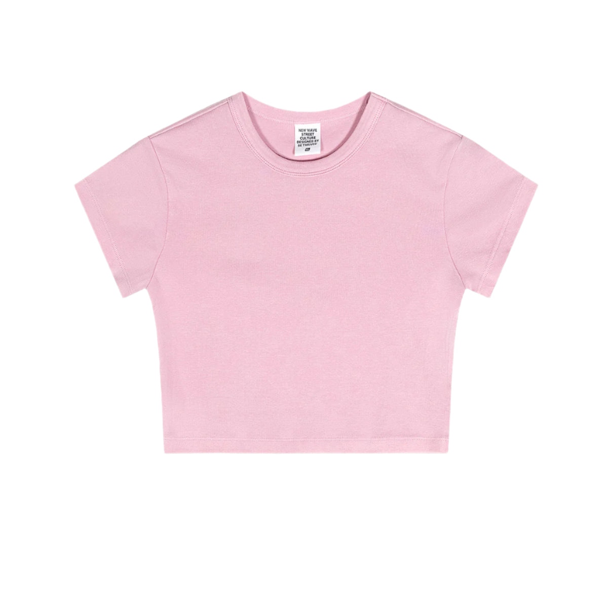 Flat-lay of a plain pastel pink cropped tee with short sleeves and a round neckline