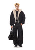 Front full-body view of black relaxed fit faux fur hood bomber jacket worn open over dark t-shirt and wide-leg jeans.