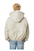 Rear view of off-white beige hooded winter bomber jacket showing back hood detail and ribbed elastic waist.