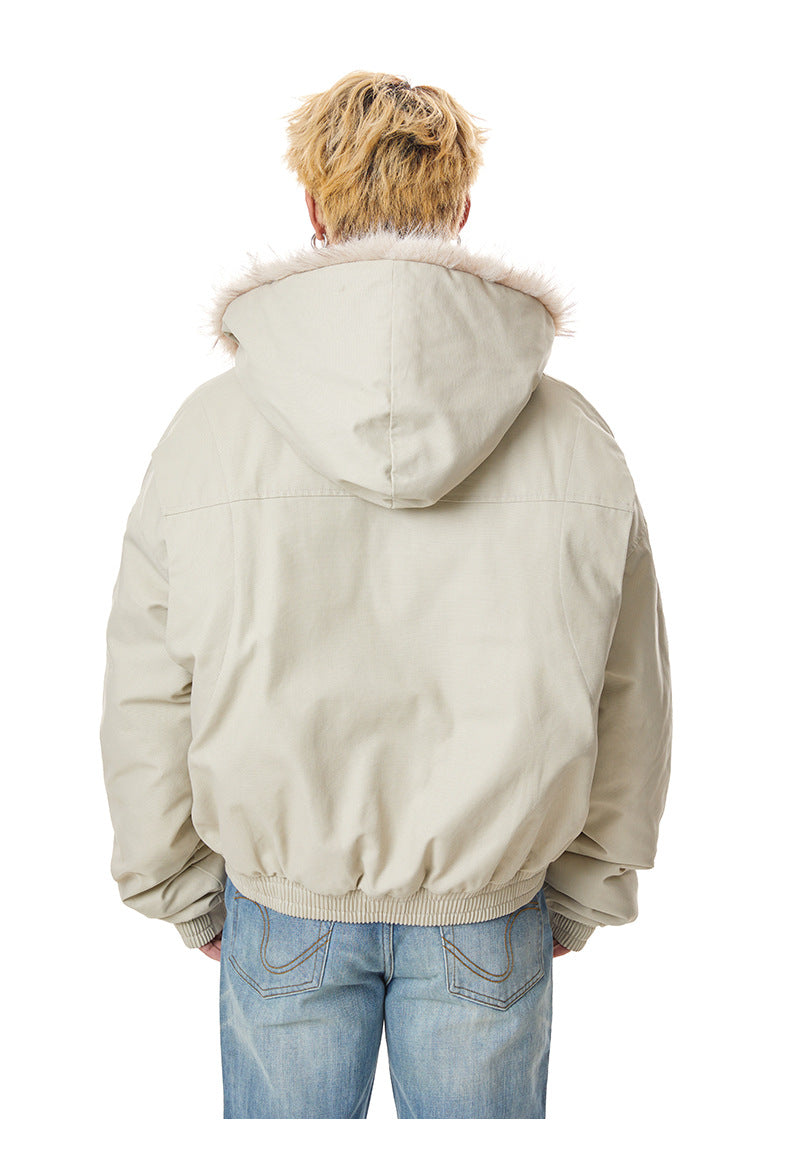 Rear view of off-white beige hooded winter bomber jacket showing back hood detail and ribbed elastic waist.