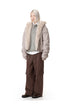 Three-quarter view of taupe relaxed-fit hooded bomber jacket with cargo trousers.
