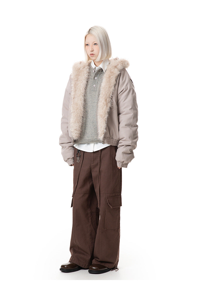 Three-quarter view of taupe relaxed-fit hooded bomber jacket with cargo trousers.