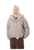 Front view of zipped taupe winter jacket showing structured ribbed hem and side pockets.