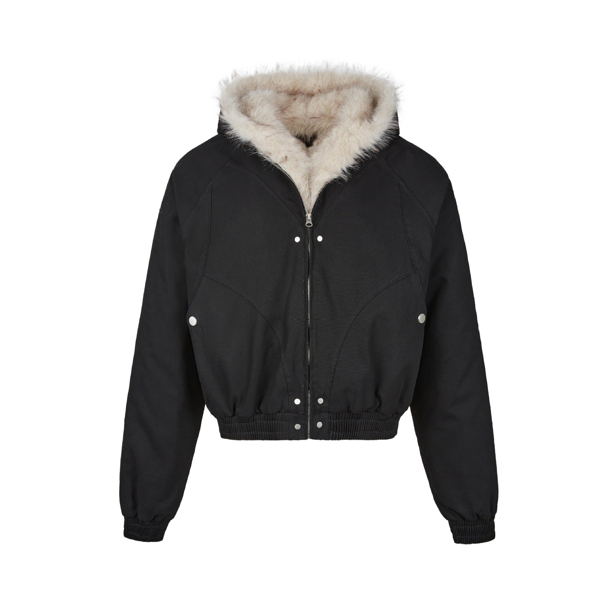 Studio flat-lay product view of the black faux fur hood bomber jacket.