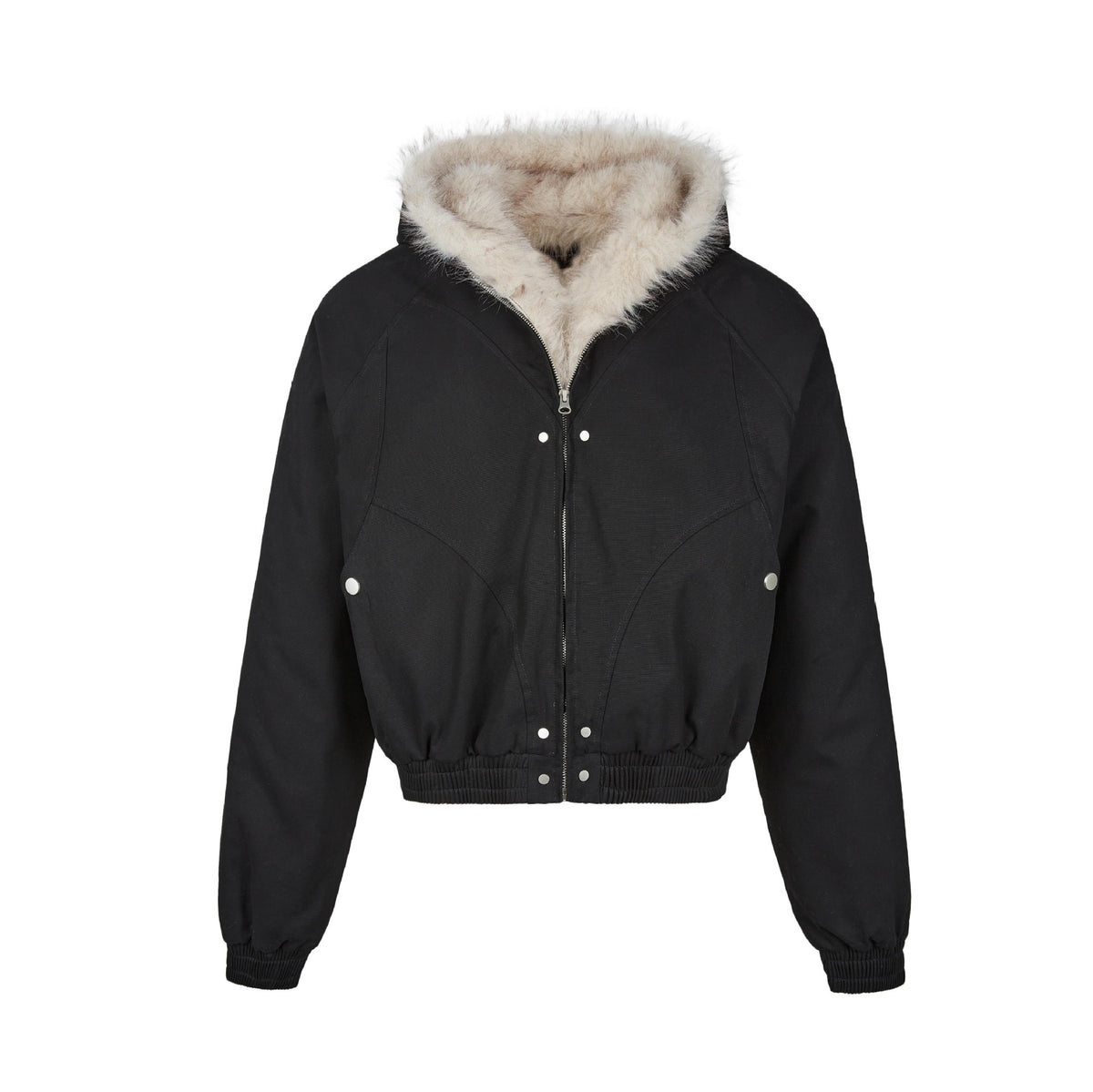 Studio flat-lay product view of the black faux fur hood bomber jacket.