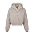 Studio flat-lay product view of the grey faux fur hood bomber jacket.