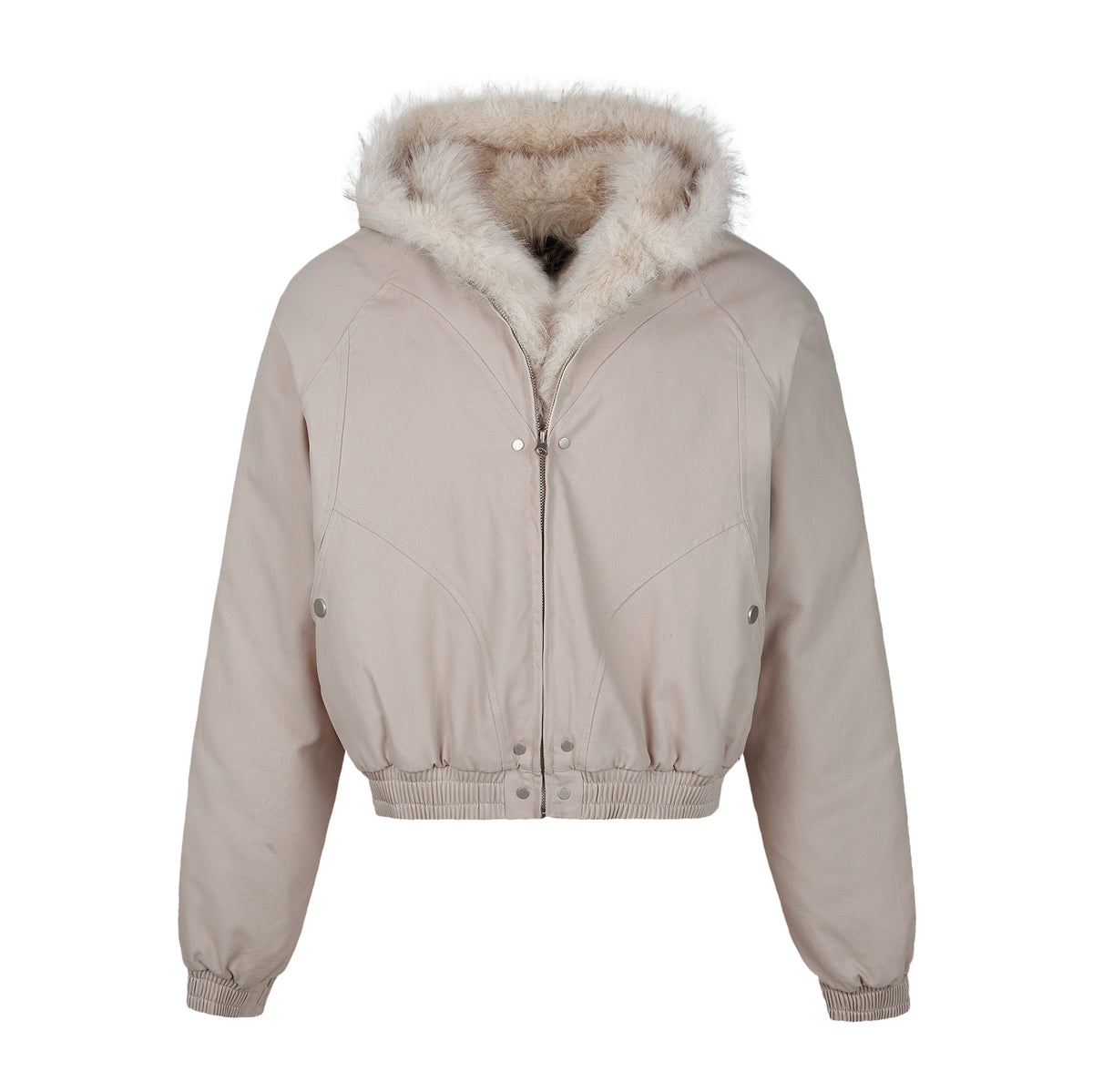 Studio flat-lay product view of the grey faux fur hood bomber jacket.