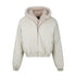 Studio flat-lay product view of the khaki faux fur hood bomber jacket.