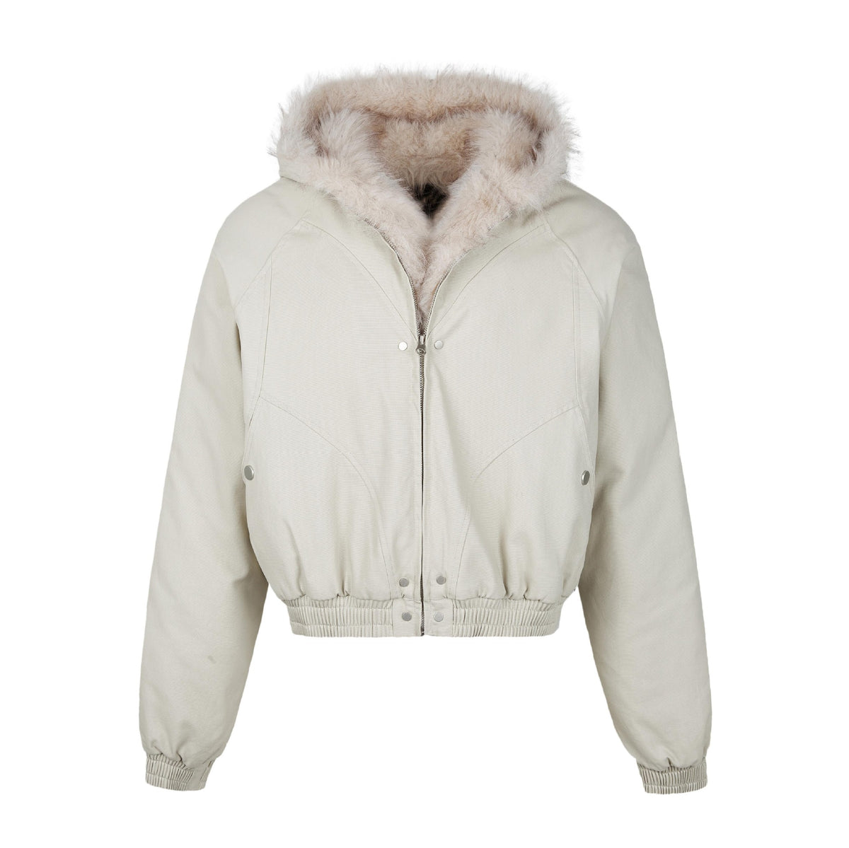 Studio flat-lay product view of the khaki faux fur hood bomber jacket.