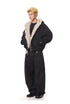 Three-quarter angle view of black faux fur trimmed hooded bomber jacket showing relaxed silhouette and side pockets.