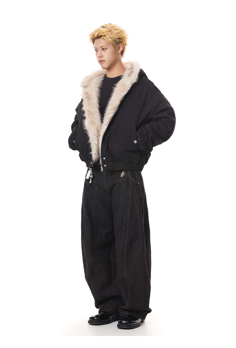 Three-quarter angle view of black faux fur trimmed hooded bomber jacket showing relaxed silhouette and side pockets.