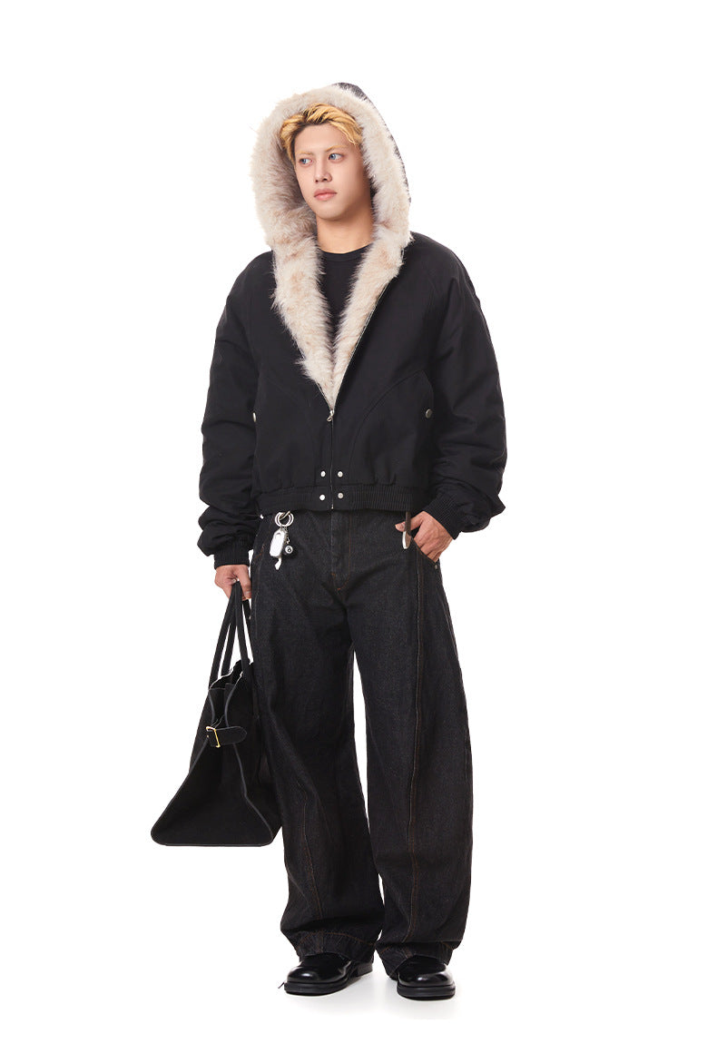 Front full-body view of black padded bomber jacket with plush fur-lined hood pulled up.