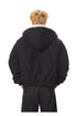 Rear full view of black hooded bomber jacket showing smooth back panel, attached hood, and ribbed hem.