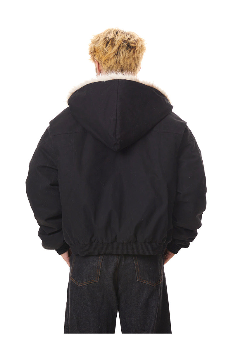 Rear full view of black hooded bomber jacket showing smooth back panel, attached hood, and ribbed hem.