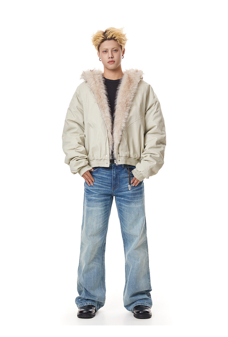 Front full-body view of off-white beige padded bomber jacket with plush faux fur hood lining.