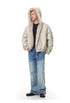 Three-quarter view of off-white beige faux fur trimmed jacket with hood pulled up over head.