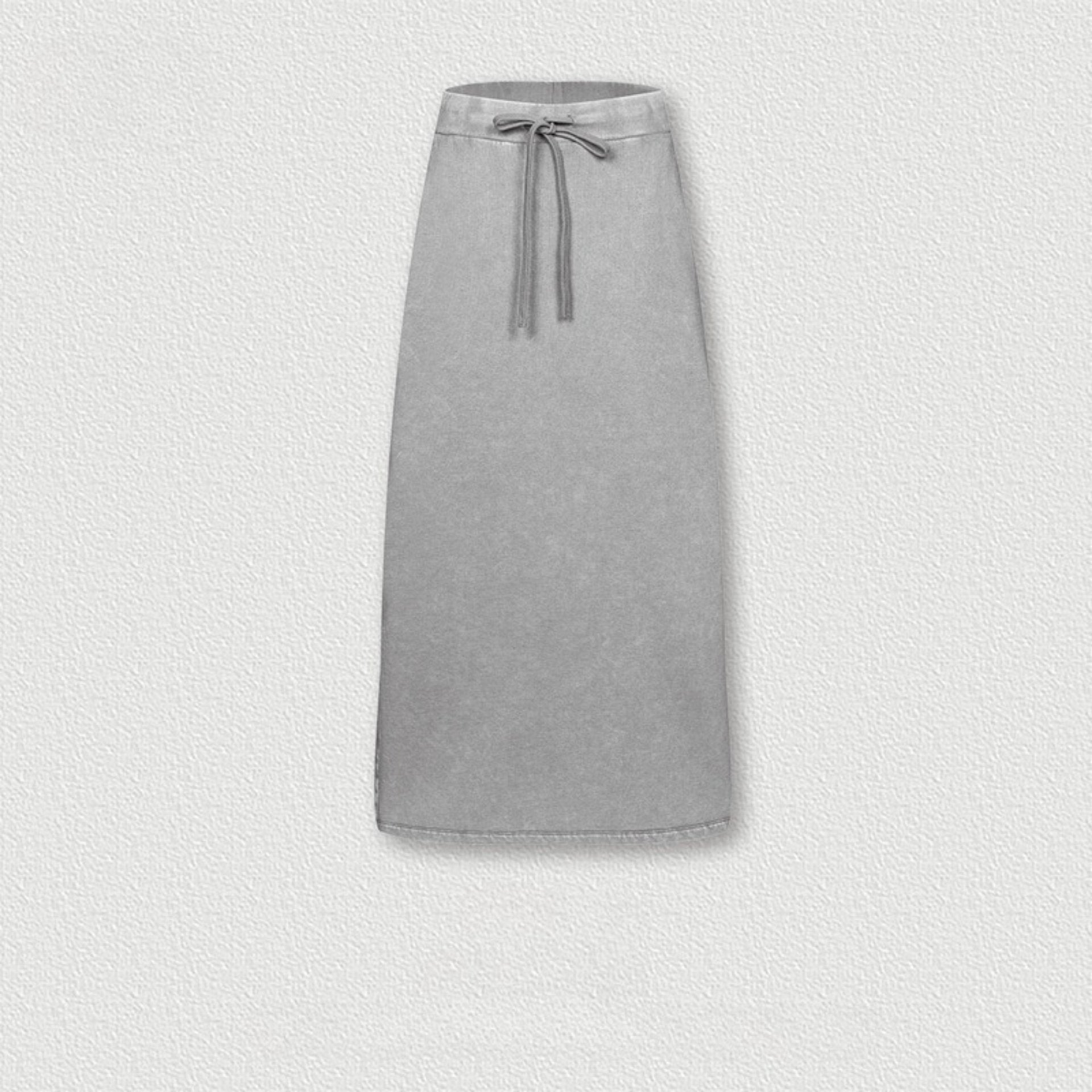Light gray long denim skirt with drawstring waist, featuring soft washed texture and subtle side seam detail