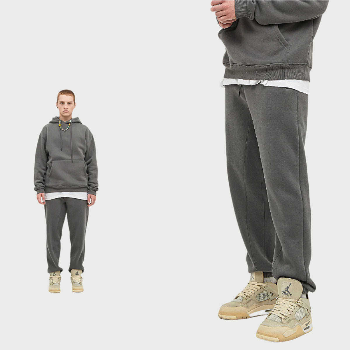 Model in charcoal gray hoodie and matching sweatpants with white undershirt and beige Jordan sneakers in split-view format