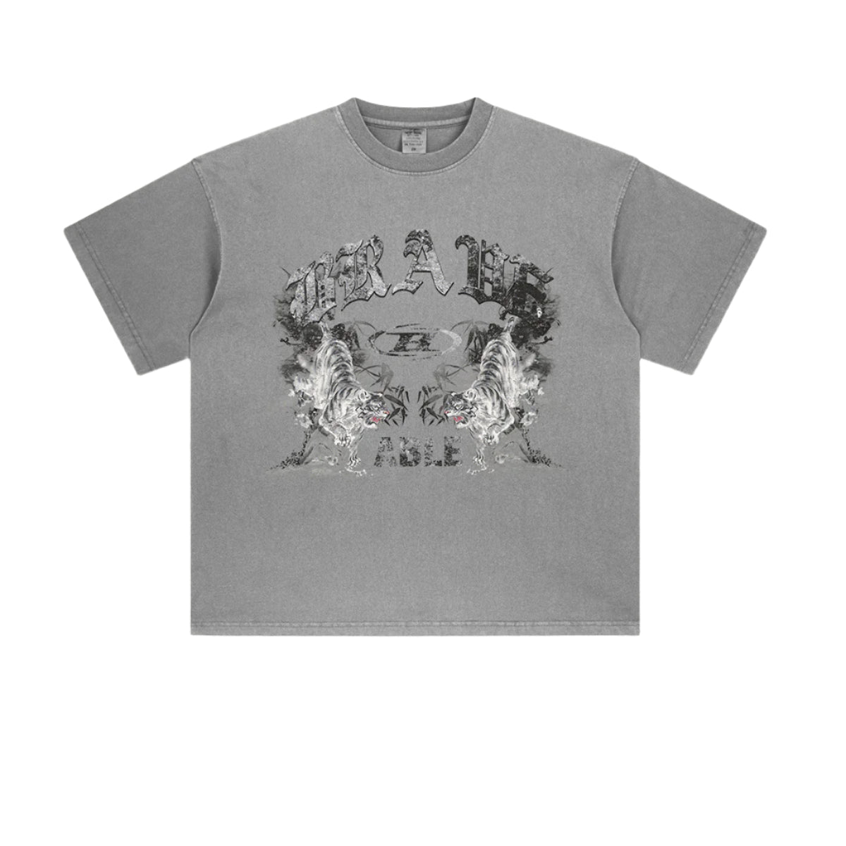 Flat product shot of gray t-shirt displaying "BRAVE ABLE" graphic with tiger designs, shown against white background without model