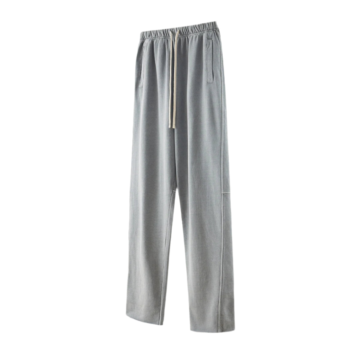 Light gray sweatpants with elastic waistband and white drawstring cords, featuring side pockets and straight leg design