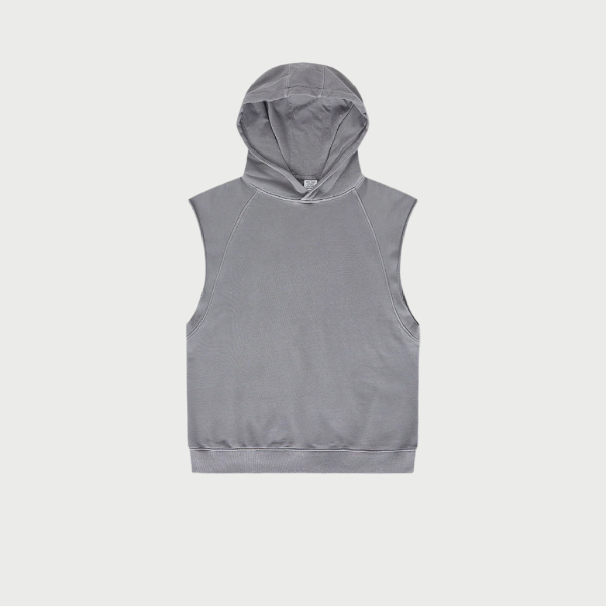 Light gray sleeveless hoodie with raglan shoulders displayed flat against neutral backdrop