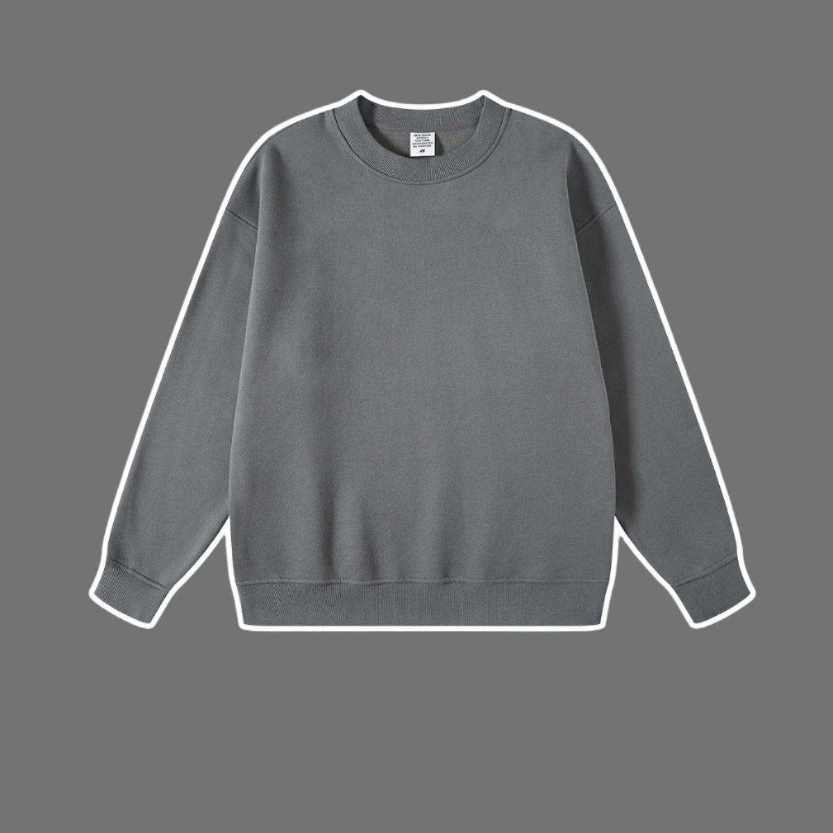 Charcoal gray sweatshirt with crew neckline and ribbed cuffs on medium gray background