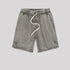 A pair of gray washed drawstring shorts with an elastic waistband, side pockets, and stitched hem details