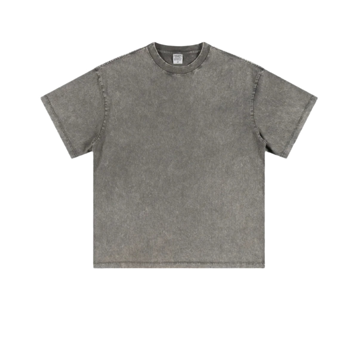 Product shot of gray acid-washed oversized t-shirt with crew neck and short sleeves on plain background
